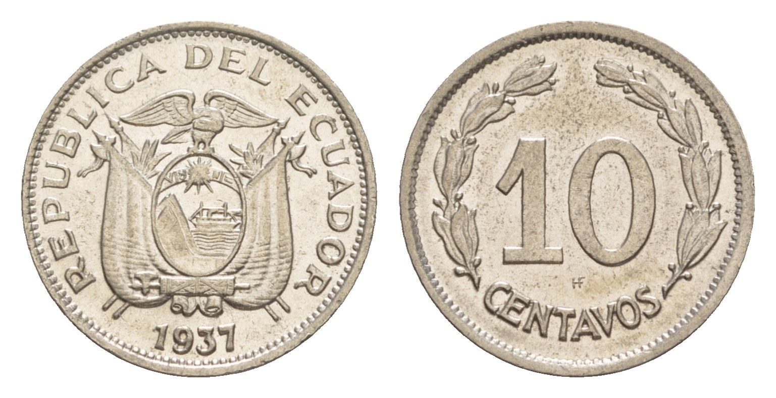 Эквадор 10 сентаво 1937 KM 76 никель UNC 4640-1136