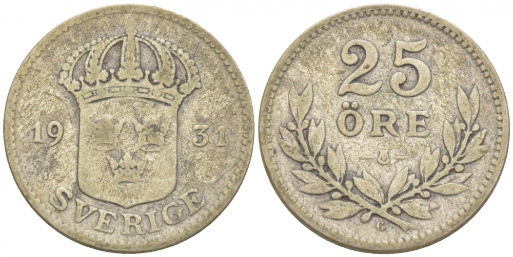 Швеция 25 эре 1931 G, Густав V (1907-1950) KM 785 серебро 3309-914