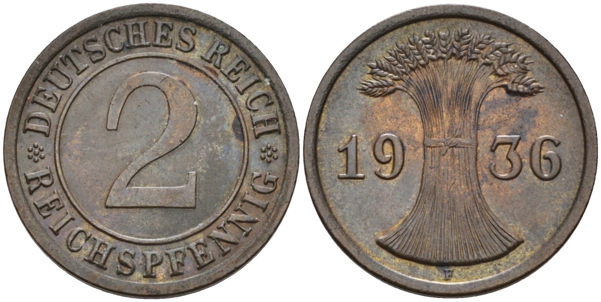 Германия 2 рейхспфеннига 1936 F KM 38, J.314, Weege 4 медь 4584-714