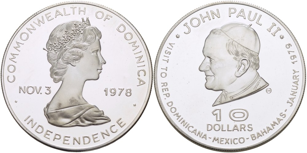 Доминика 10 долларов 1979 визит Папы Иоанна Павла II, тираж 3450 экземпляров KM 16 серебро PROOF 01-171-23