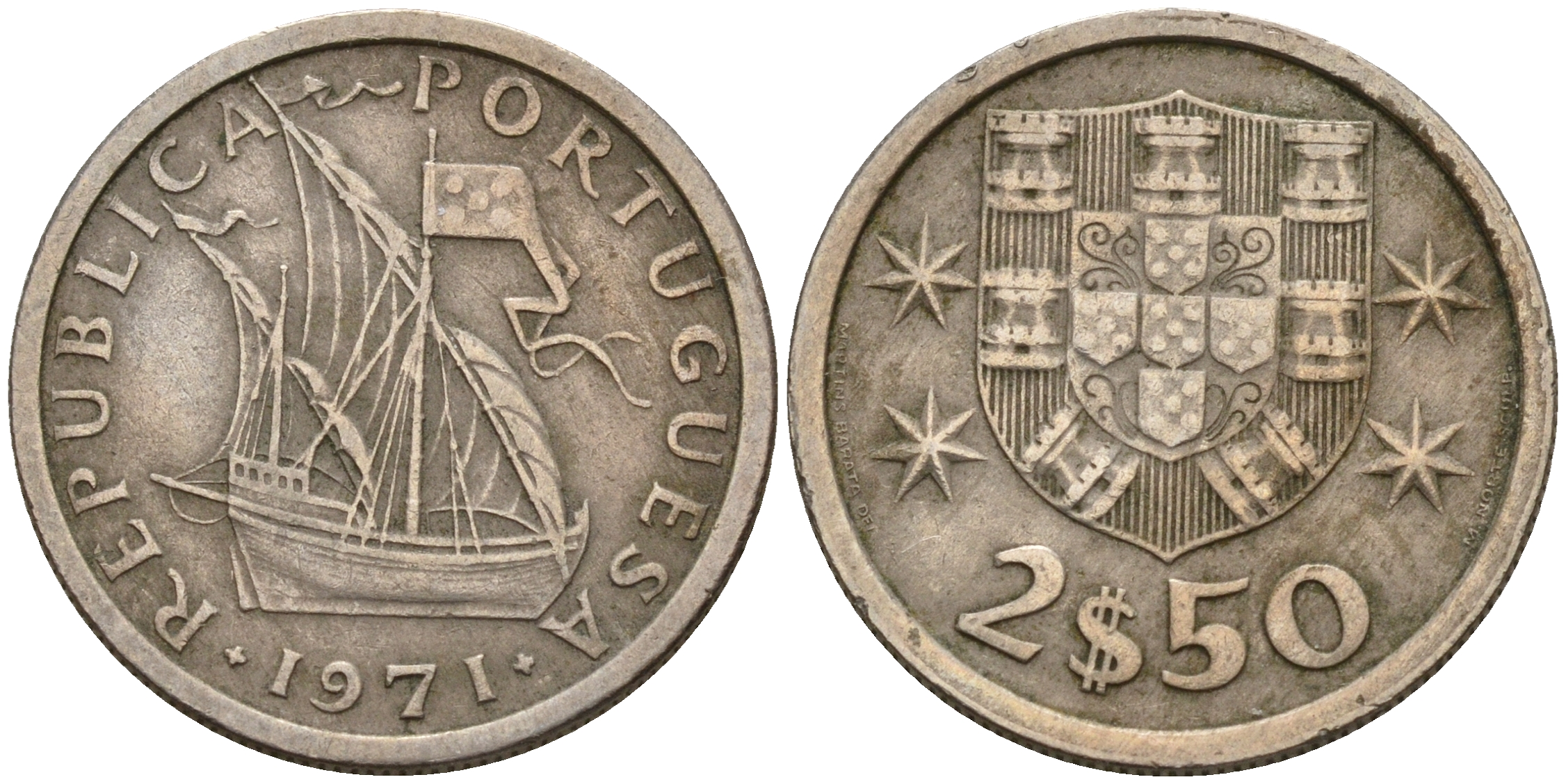 Португалия 2,5 эскудо 1969 парусник KM 590 медно-никель    4152-1113