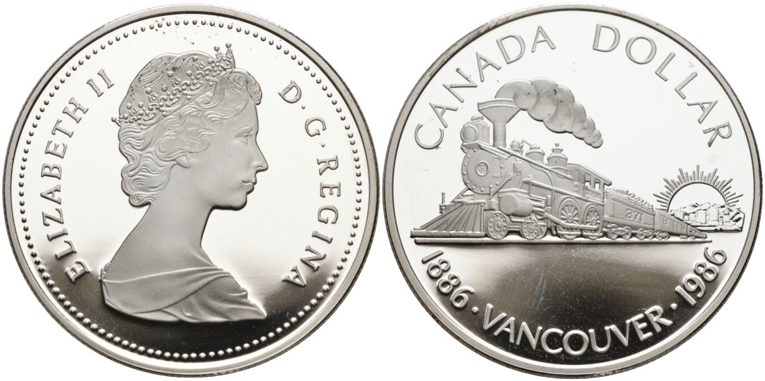 Канада 1 доллар 1986 100 лет Ванкуверу, паровоз KM 149 серебро PROOF 1095-4-51