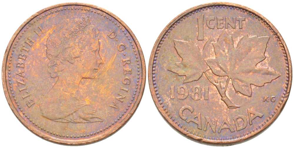 Канада 1 цент 1981 Елизавета II (1952-2022), кленовый лист KM 127 бронза 75-1252