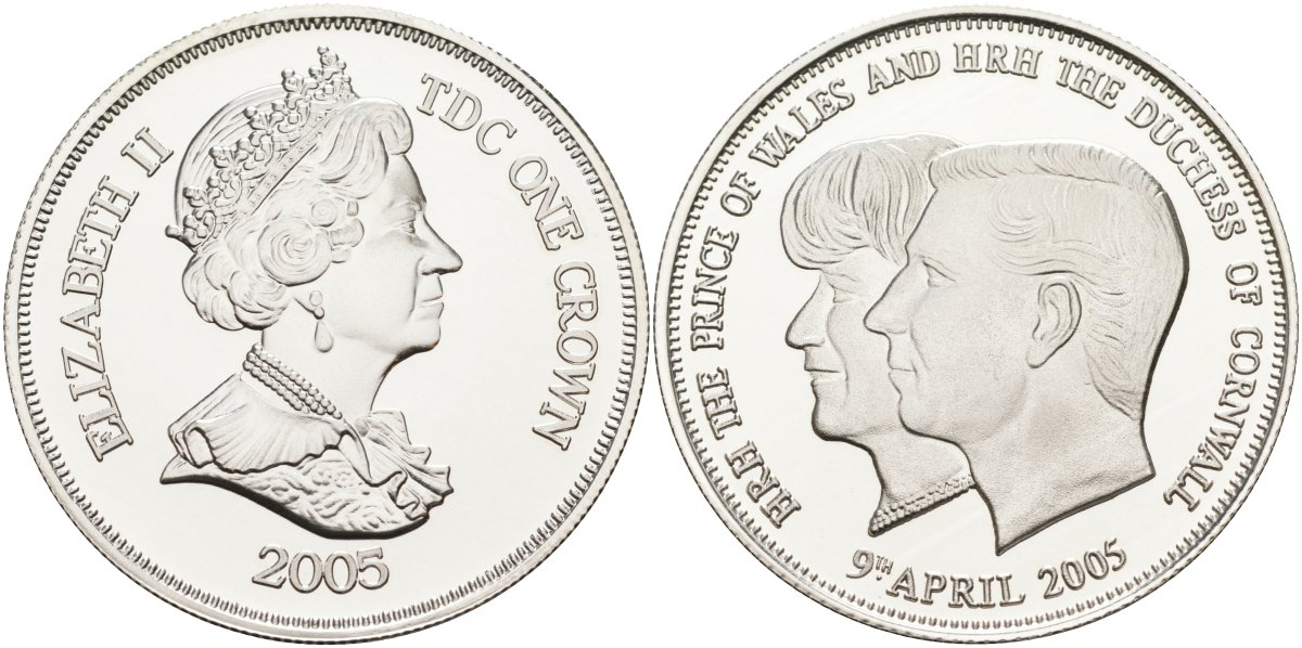 Тристан-да-Кунья 1 крона 2005 9 апреля 2005, свадьба принца Чарльза и Камиллы KM 41а серебро PROOF 1069-3-14