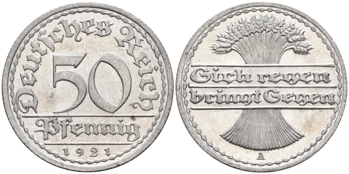 Германия 50 пфеннигов 1921 A KM 27, J.301, Weege 10 алюминий UNC 4584-817