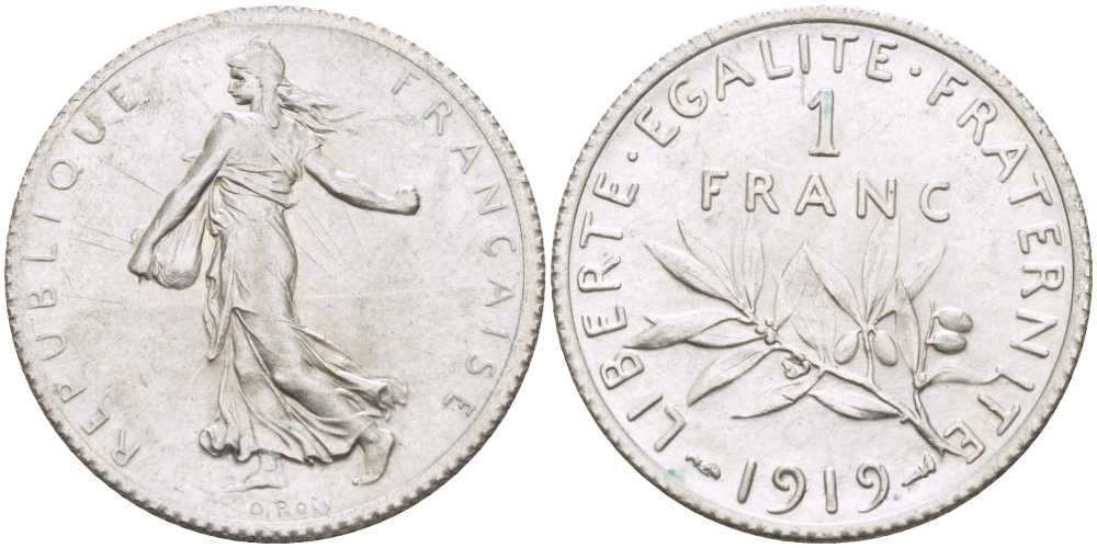 ФРАНЦИЯ 1 ФРАНК 1919 ТИП СЕЯТЕЛЬ KM 844.1, LE FRANC 217.25 серебро 202-126