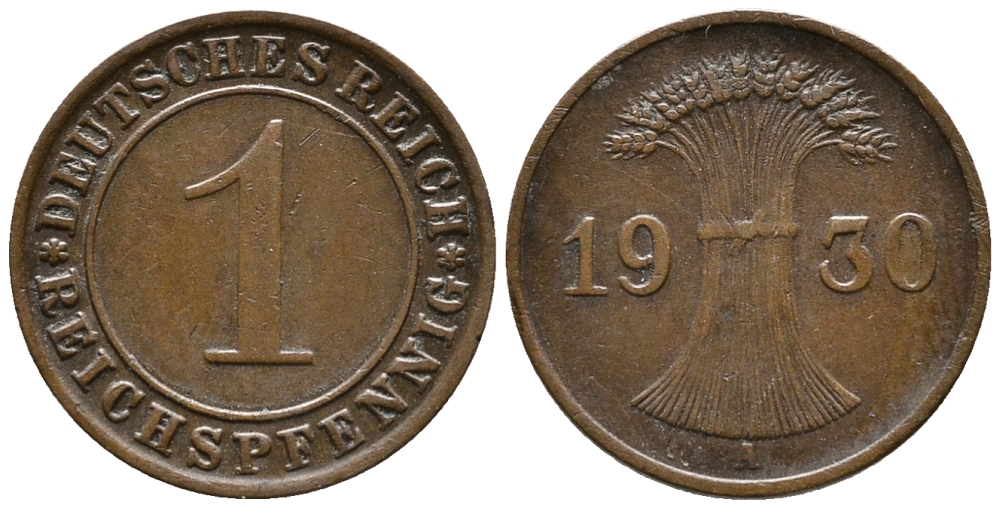 ГЕРМАНИЯ 1 РЕЙХСПФЕННИГ 1930 A KM 37, J. 313 бронза 39-1036