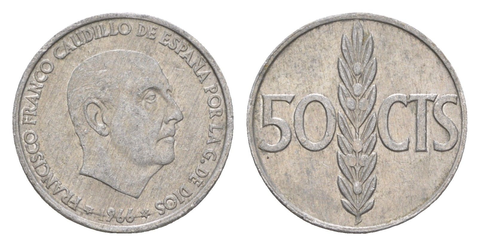 Испания 50 сентимо 1966 (67) Франсиско Франко KM 795 алюминий 4611-432