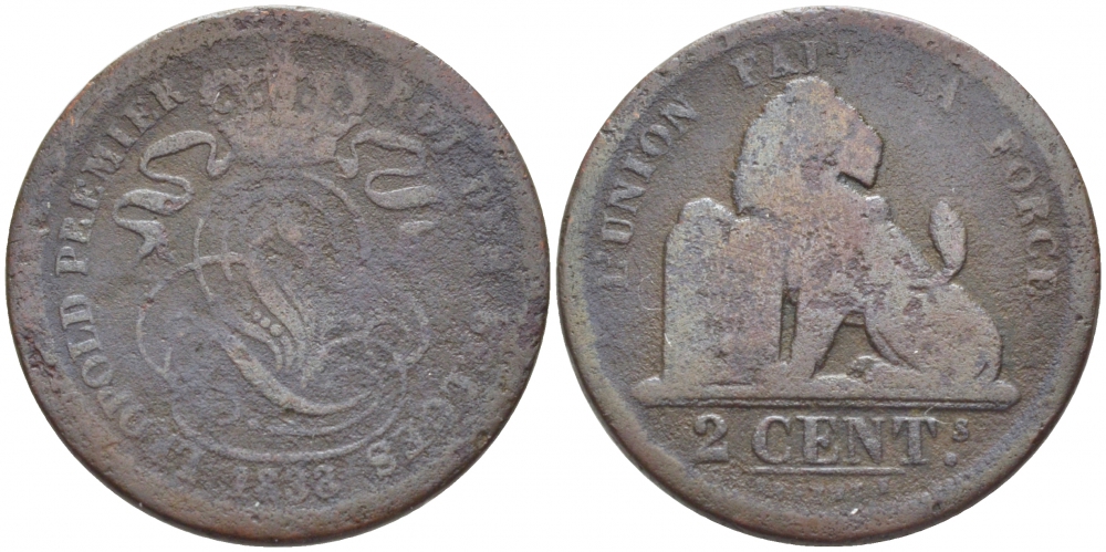 БЕЛЬГИЯ 2 САНТИМА 1833 BELGES KM 4.1 медь 110-527