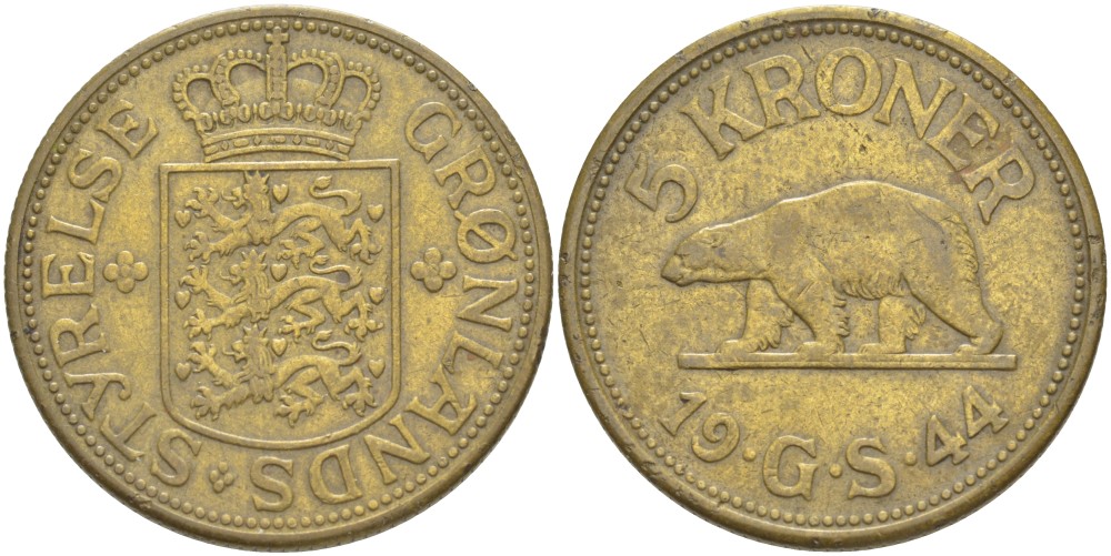 Гренландия 5 крон 1944 медведь, датская колония, Кристиан X (1912-1947) КМ 9 бронза 1520-434