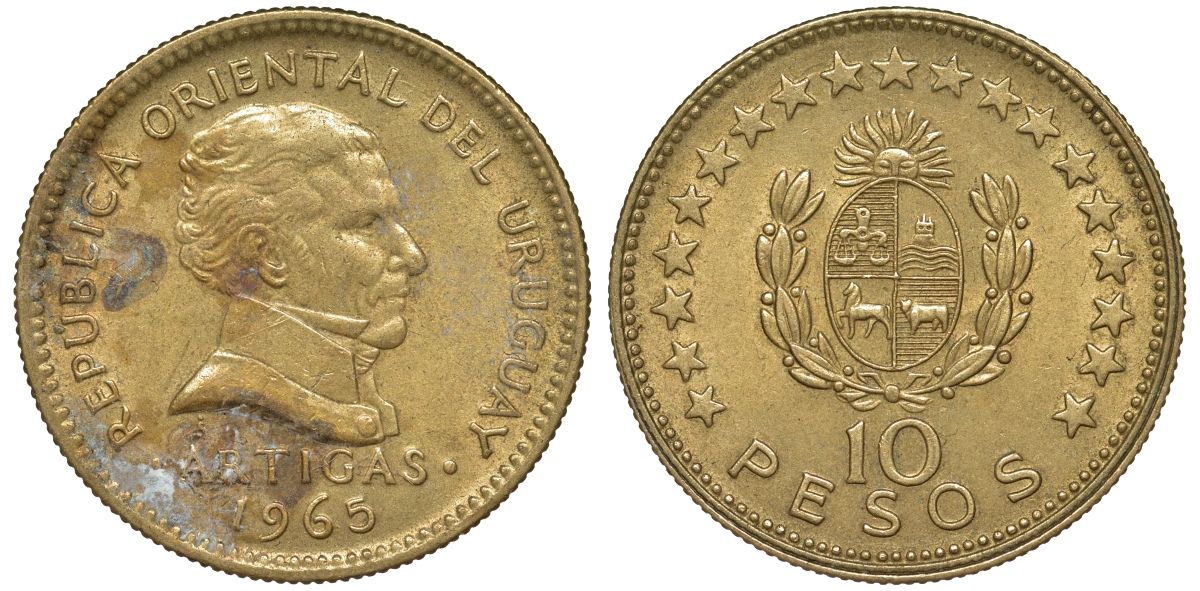 Уругвай 10 песо 1965 KM 48 алюминиевая бронза 88-414