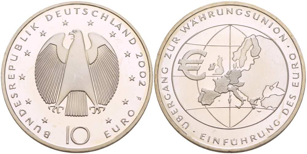 ФРГ 10 евро 2002 F, введение европейской валюты KM 215, DE.S. 10.1 серебро PROOF 1085-5-31