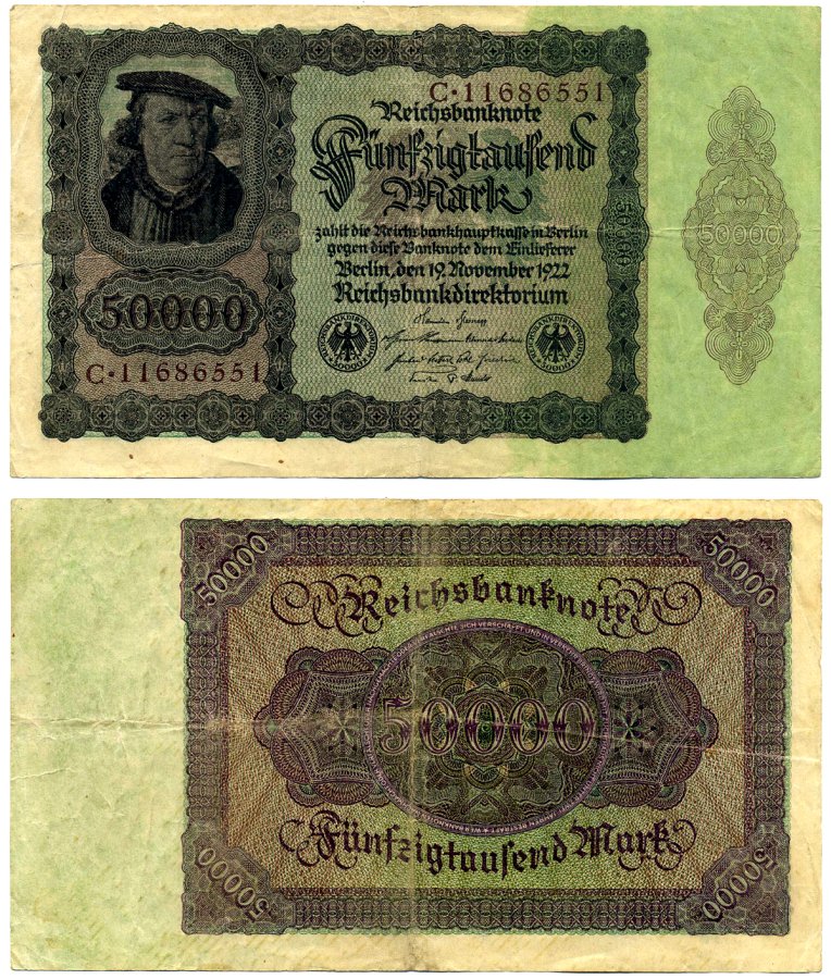 Германия 50000 марок 1922 19 ноября 1922, выпуск (февраль 1923-5 Июля 1925), номер восьмизначный, серия C 11686551 Pick 80, Розенберг 78 бумага 2194-8-1-1