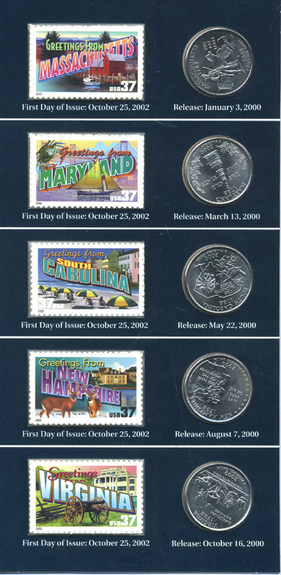 США набор из 5 монет квотеров + 5 марок 2000 в оригинальном буклете с описанием, запайка, Массачусетс, Мэриленд, Южная Каролина, Нью-Гемпшир, Вирджиния медь плакированная медно-никелем UNC 7-5-6-19