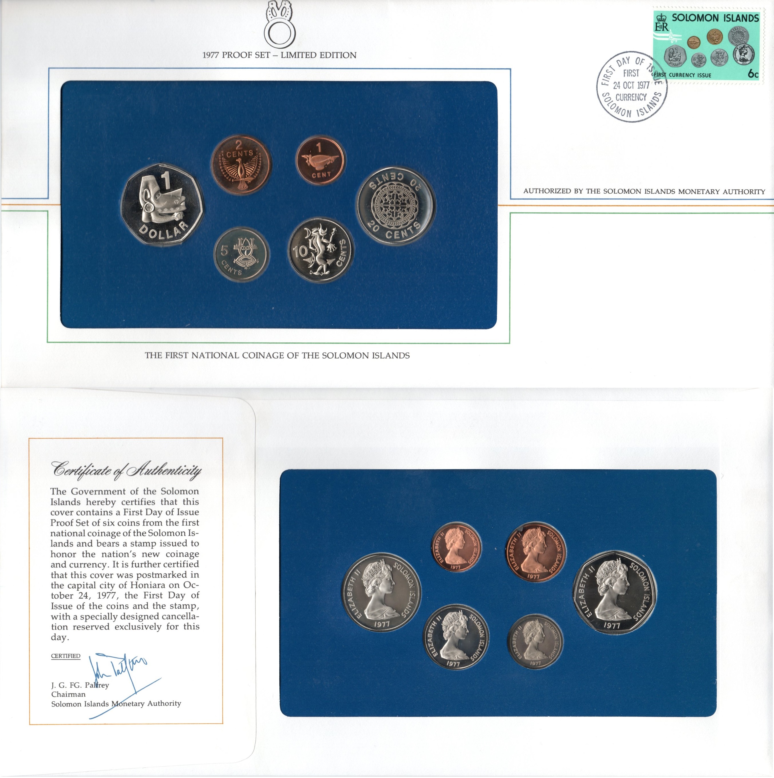 Соломоновы Острова набор "первый день выпуска" 1977 в комплект входит полный выпуск выходящих монет и банкнот в даном году - 7 монет (1, 2, 5, 10 и 20 центов; 1 и 5 долларов) и 3 банкноты (2, 5 и 10 долларов). 8-2-04-39