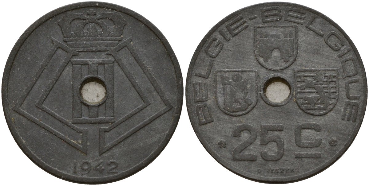 Бельгия 25 сантимов 1942 Belgie - Belgique, Леопольд III (1934-1947), германская оккупация, Вторая мировая война KM 132 цинк 4157-525