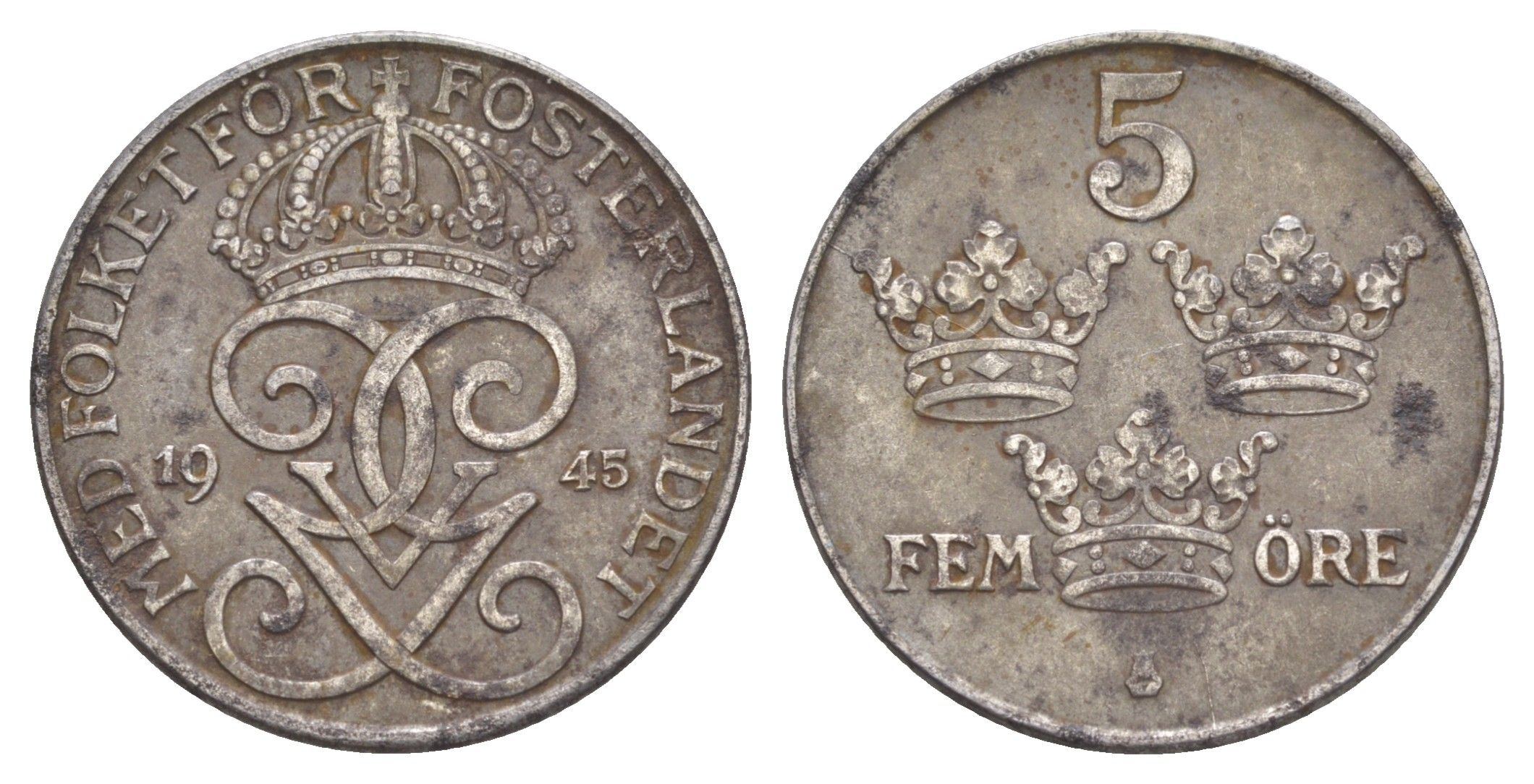 Швеция 5 эре 1945 Густав V (1907-1950) KM 812 железо 4648-1116