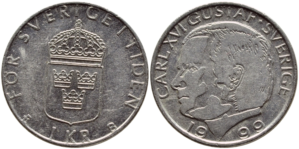 Швеция 1 крона 1999 Карл XVI Густав (1973- ) KM 852a медно-никель 4610-751