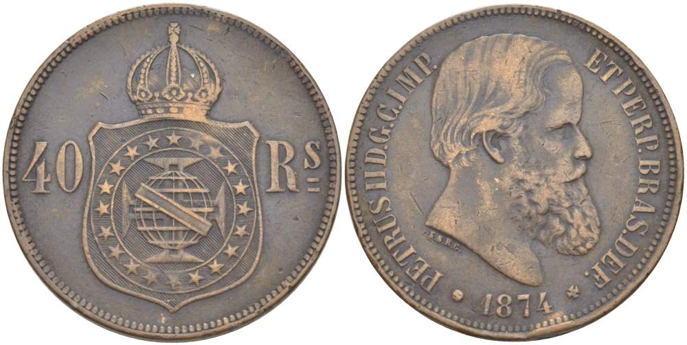 БРАЗИЛИЯ 40 РЕЙС 1874 ПЕДРО II (1831-1889) KM 479 бронза 4517-1145