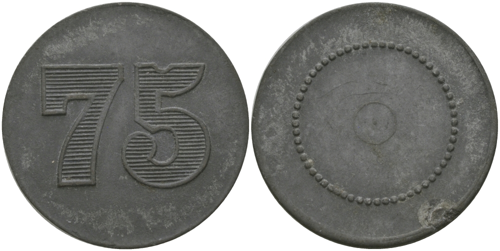 ФРАНЦИЯ 75 САНТИМОВ ND ПЛАТЕЖНЫЙ ЖЕТОН НАЧАЛА XX ВЕКА, НОМИНАЛ С ОДНОЙ СТОРОНЫ, ЦИФРЫ НОМИНАЛА 12 ММ., ДИАМЕТР 24 ММ. цинк 65-323