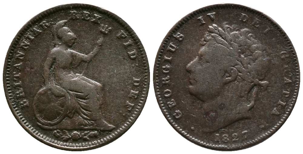 Великобритания 1/3 фартинга 1827 Георг IV (1820-1830) KM 703, Spink 3827 медь 1518-713