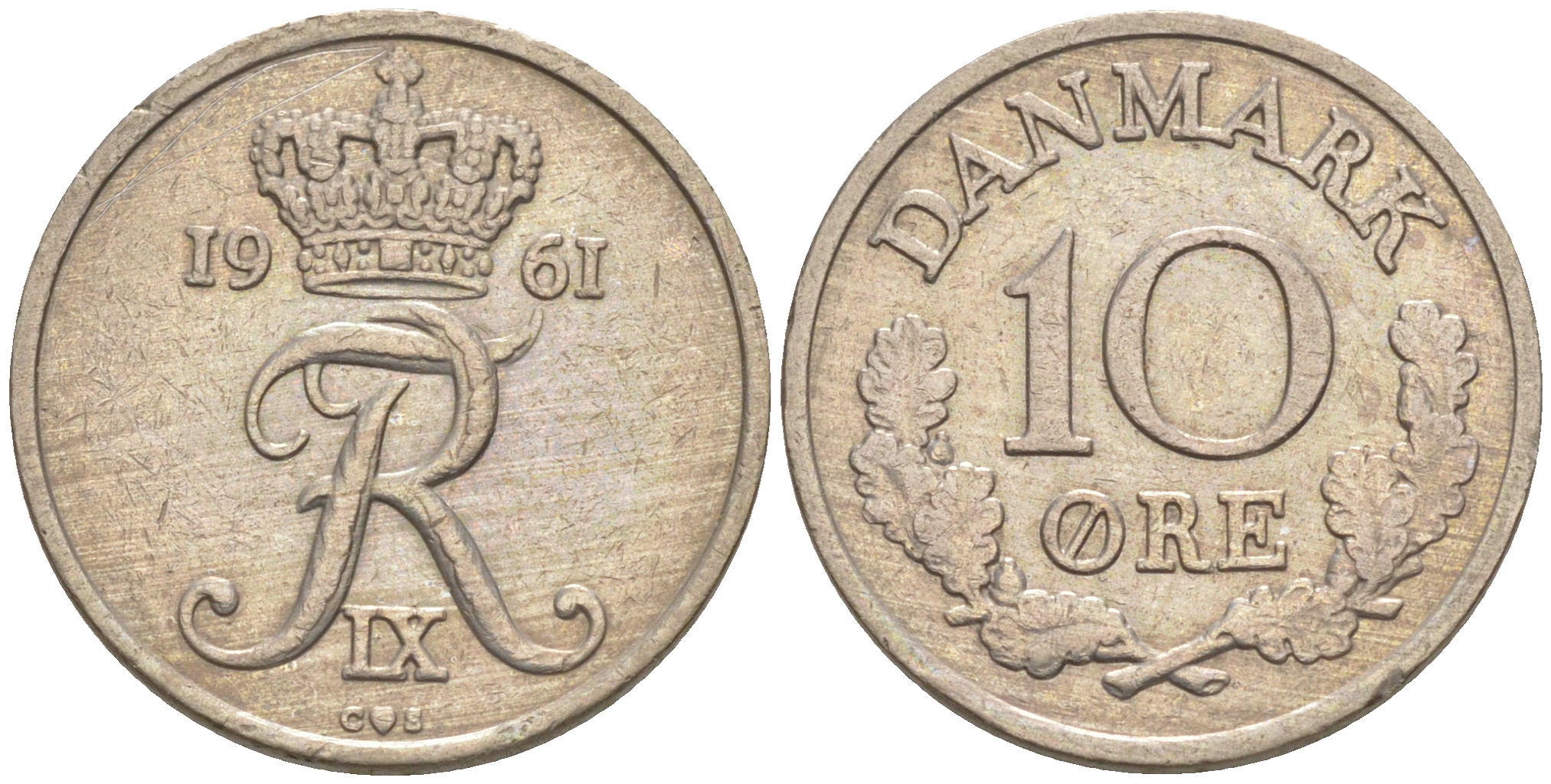 ДАНИЯ 10 ЭРЕ 1961 C; S, ФРЕДЕРИК IX (1947-1972) KM 849.1 медно-никель 187-638