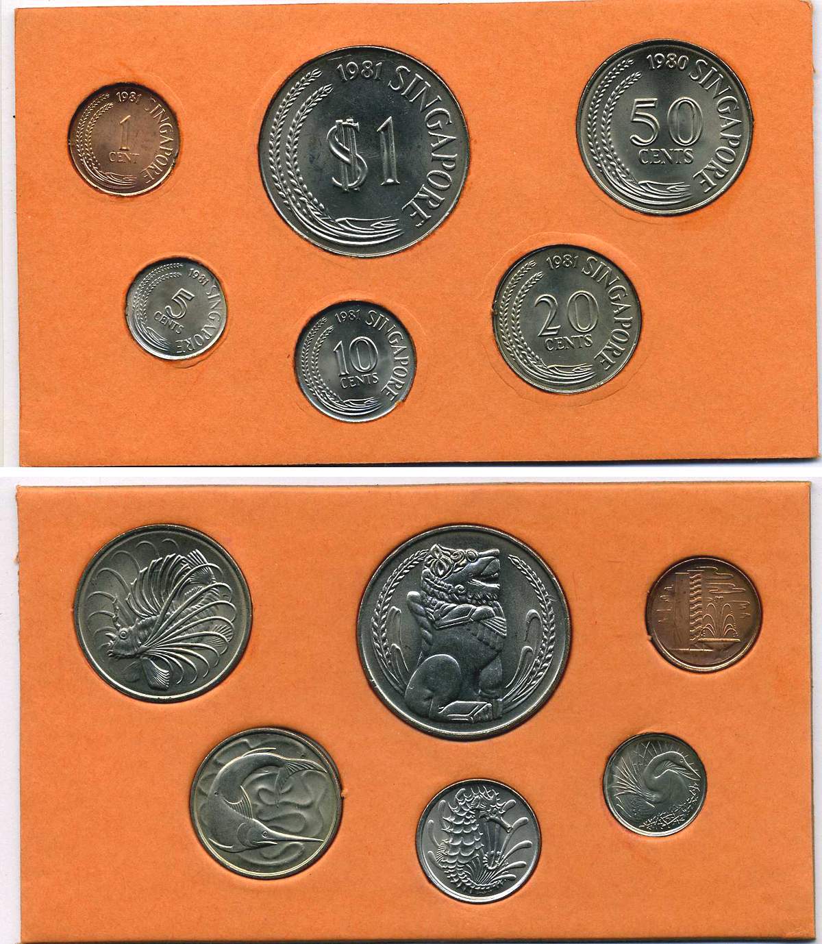 СИНГАПУР НАБОР ИЗ 6 МОНЕТ 1980-1981 ЖИВОТНЫЕ, БУКЛЕТ KM 1a, 2, 3, 4, 5, 6 UNC 3-4-1-1