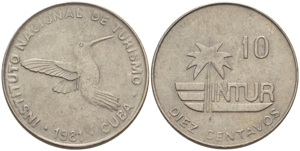 Куба 10 сентаво 1981 туристические деньги, INTUR, visitor's coinage, большая 10 KM 415.1 медно-никель 67-531