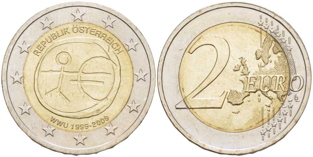 Австрия 2 евро 2009 10 лет монетарной политики ЕС (EMU) и введения евро KM 3175 биметалл UNC 23-936
