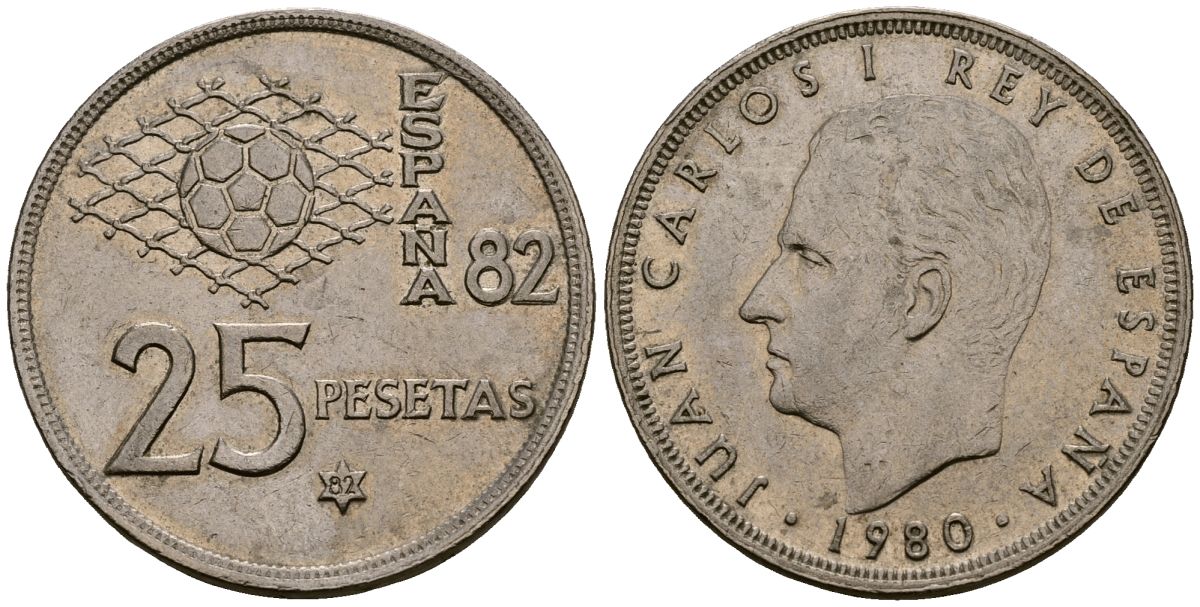 Испания 25 песет 1980 Чемпионат мира по футболу в Испании 1982 года, Хуан Карлос I (1975-2014) KM 818 медно-никель 4165-1013