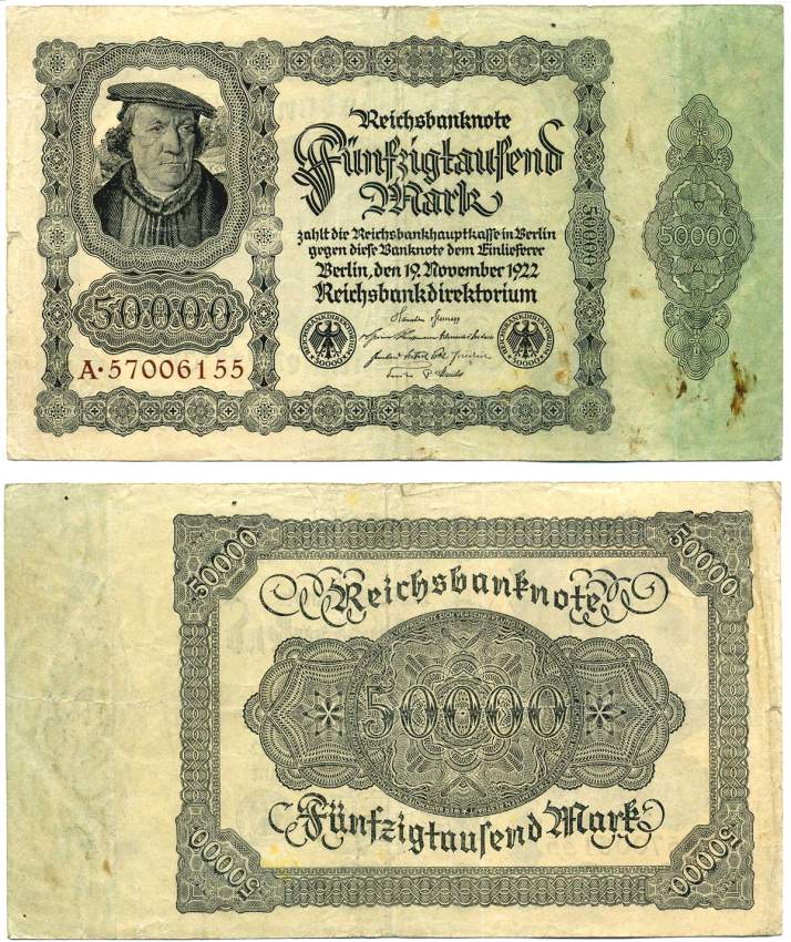 ГЕРМАНИЯ 50000 МАРОК 1922 19 НОЯБРЯ 1922, 8 ЦИФР В НОМЕРЕ СЕРИИ, СЕРИЯ А Pick 79, Розенберг 79а бумага VF 444-18-1-2