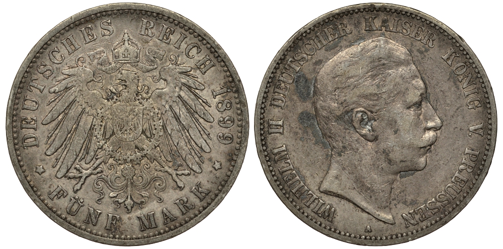 Пруссия 5 марок 1899 Вильгельм II (1888-1918) KM 523, J.104 серебро    413-2621