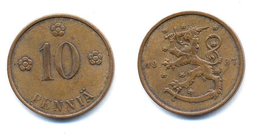 Финляндия 10 пенни 1937 KM 24 медь 51-5553