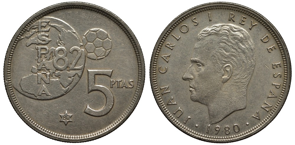 Испания 5 песет 1980 (80) чемпионат мира по футболу в Испании 1982 года, Хуан Карлос I (1975-) KM 819 медно-никель 186-922