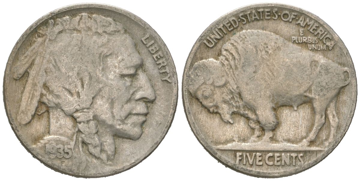 США 5 центов 1935 индеец, бизон KM 134 медно-никель 4614-1168