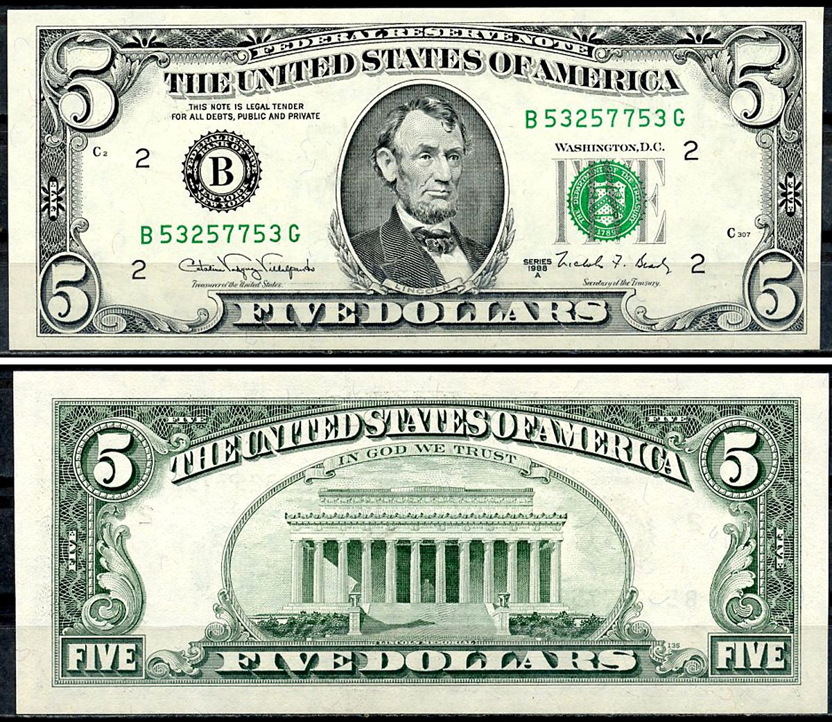 США 5 долларов 1988 B - Нью-Йорк. Президент Авраам Линкольн Pick 481 b бумага аUNC 6294-25-4-1