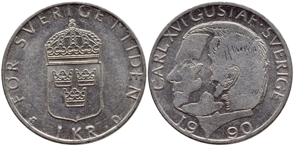 Швеция 1 крона 1990 Карл XVI Густав (1973- ) KM 852a медно-никель 4398-1245