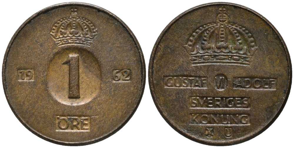 Швеция 1 эре 1962 U, Густав VI Адольф (1950-1973) KM 820 бронза 201-1152