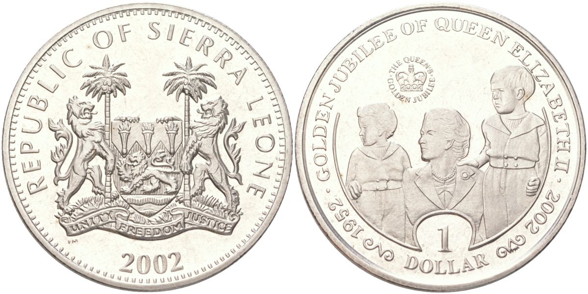 Сьерра-Леоне 1 доллар 2002 50 лет правлению Королевы Елизаветы II - Елизавета II, принц Чарльз и принцесса Анна KM 269 медно-никель BU 4368-1122