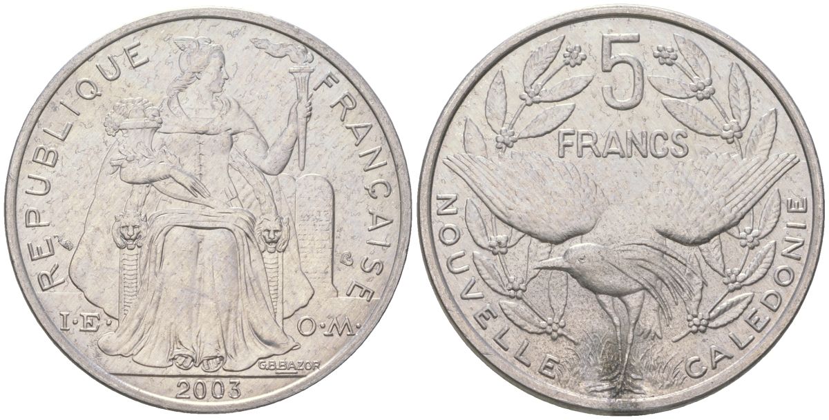 Французская Новая Каледония 5 франков 2003 птица кагу, (IEOM) KM 16, Schoen 12, Lec 81h алюминий 189-1142