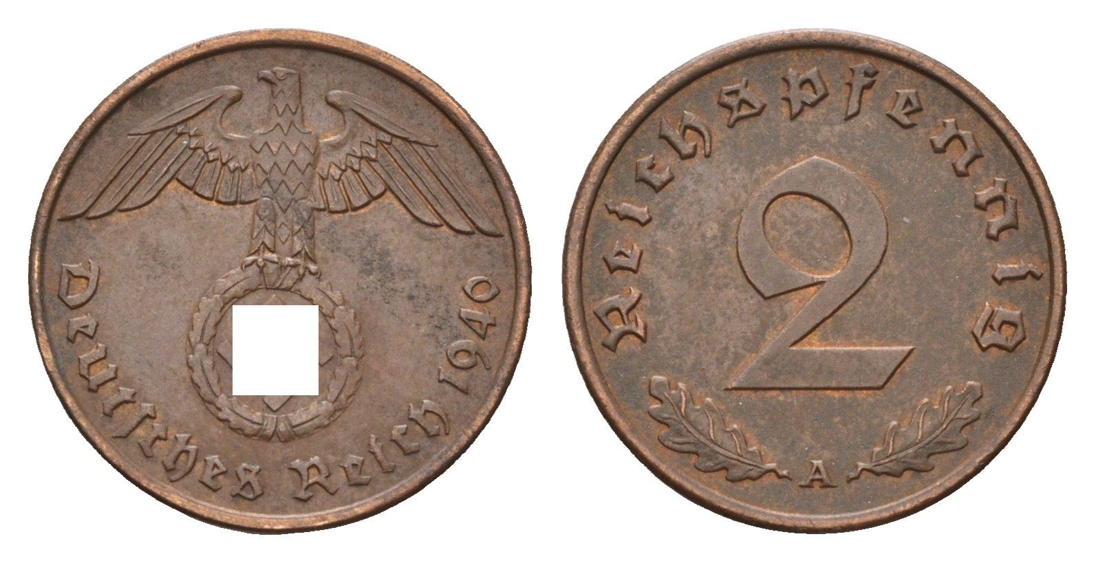 Германия 2 рейхспфеннига 1940 A KM 90, J. 362 бронза 4669-1248