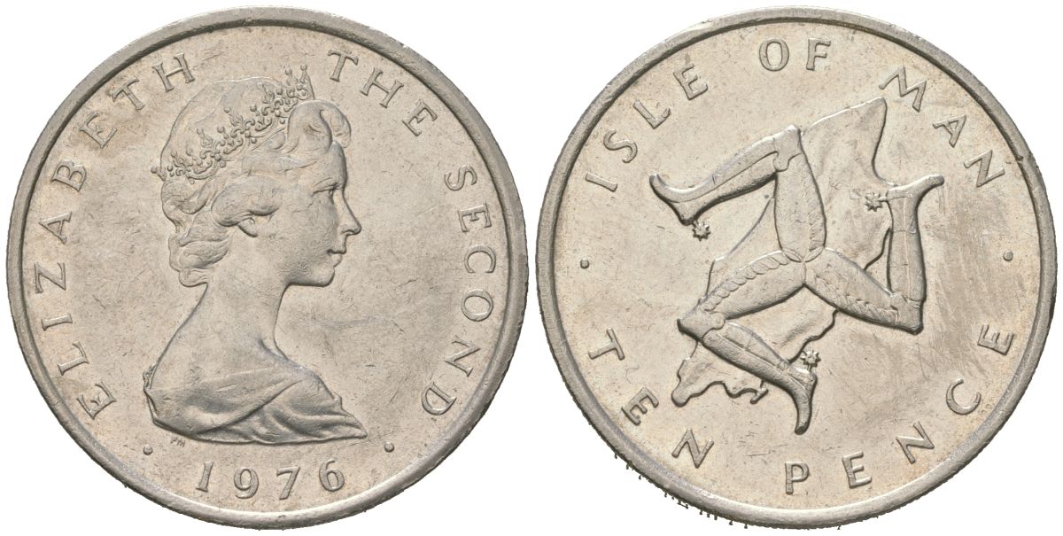 Остров Мэн 10 пенсов 1976 герб, Елизавета II (1952-2022) KM 23 медно-никель aUNC 4619-126