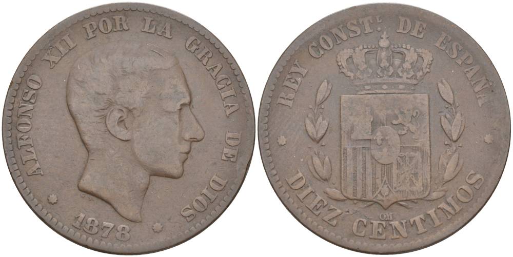 ИСПАНИЯ 10 СЕНТИМО 1878 ОМ, АЛЬФОНСО XII (1874-1885) KM 675 (Y70) бронза 4545-1222