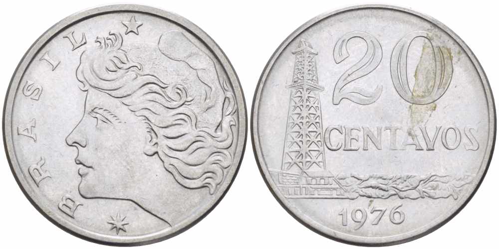 Бразилия 20 сентаво 1976 голова свободы влево KM 579.1a, Schon 84b нержавеющая сталь 108-1125