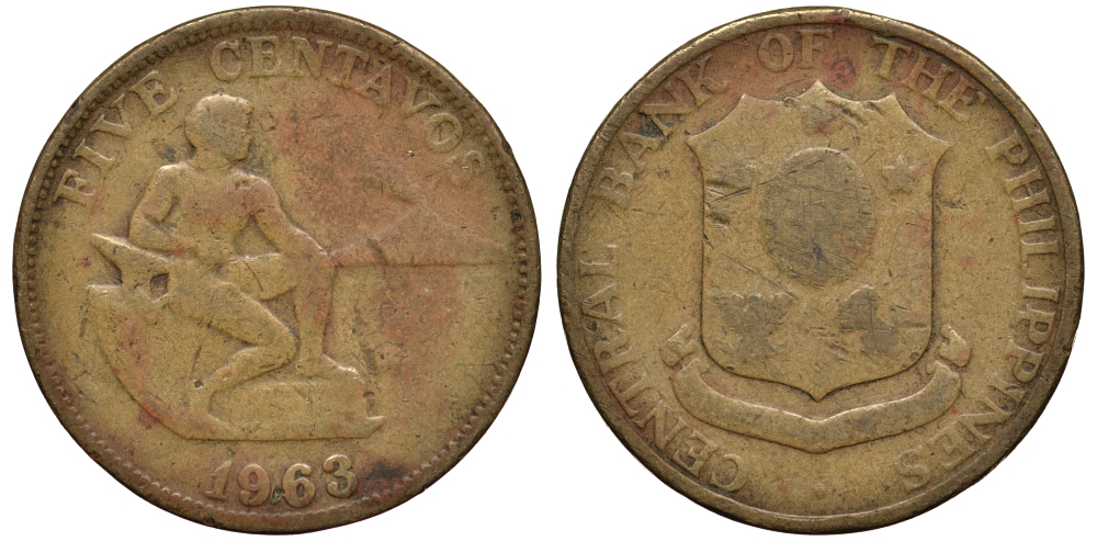 ФИЛИППИНЫ 5 СЕНТАВО 1963 KM 187 латунь 4182-242