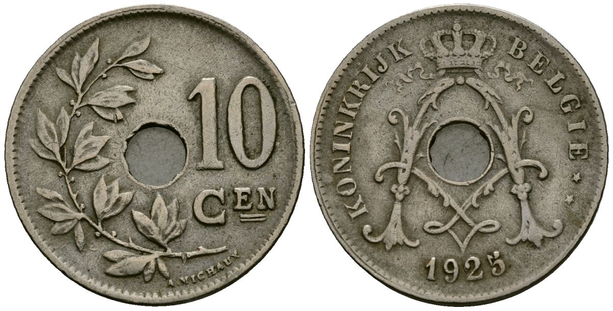 Бельгия 10 сантимов 1925 Belgie KM 86 медно-никель 4135-917