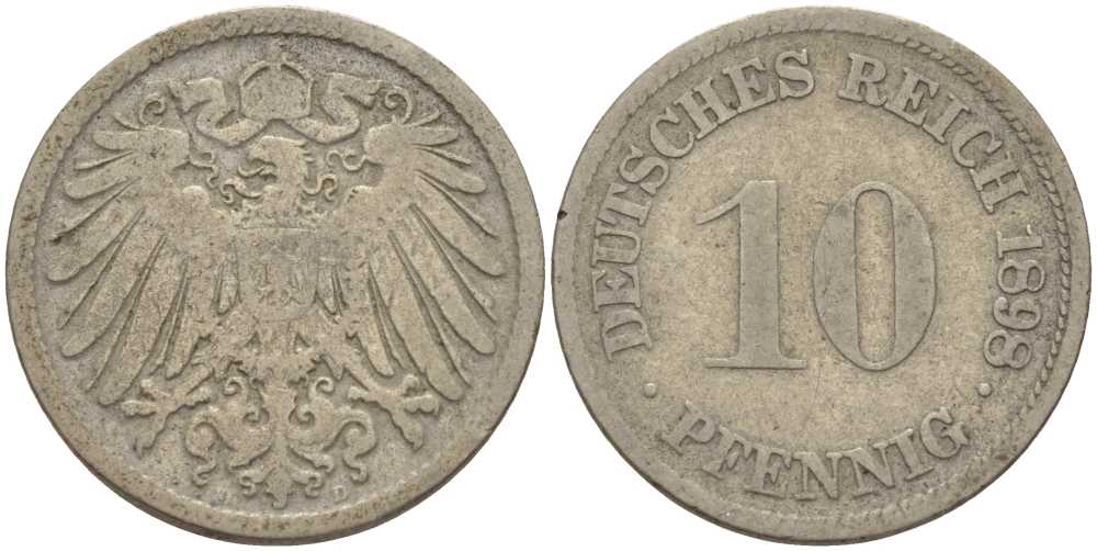 ГЕРМАНИЯ 10 ПФЕННИГОВ 1898 D KM 12, J. 13 медно-никель 4401-1024