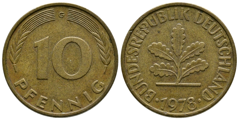 ФРГ 10 ПФЕННИГОВ 1978 G KM 108, J.383 сталь плакированная латунью 41-1012