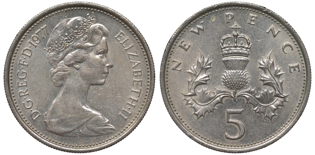 Великобритания 5 пенсов 1977 Елизавета II (1952-2022) KM 911, Spink 4233 (D1) медно-никель 4122-954
