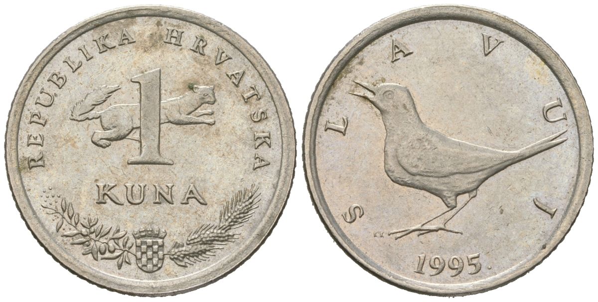 Хорватия 1 куна 1995 западный соловей, легенда на хорватском KM 9.1 медь цинк никель aUNC 4448-427